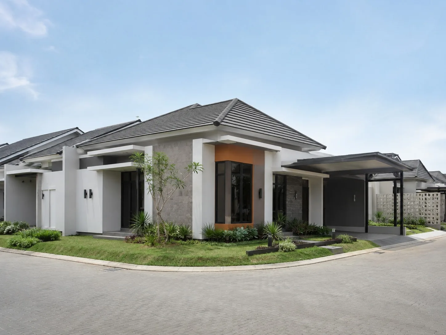 Desain rumah 1 lantai minimalis modern pada lahan sudut